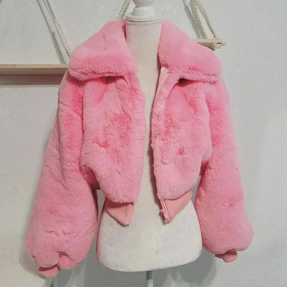 Faux Fur Cropped Bomber Jacket Pink Fluffy Coat Warm Winter Outerwear - Picture 1 of 9